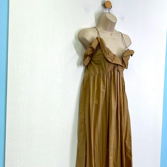 H&M - NWT Flounce Trimmed V Neck Ruffle Neckline Beige Maxi Dress Size XS - Picture 5 of 13